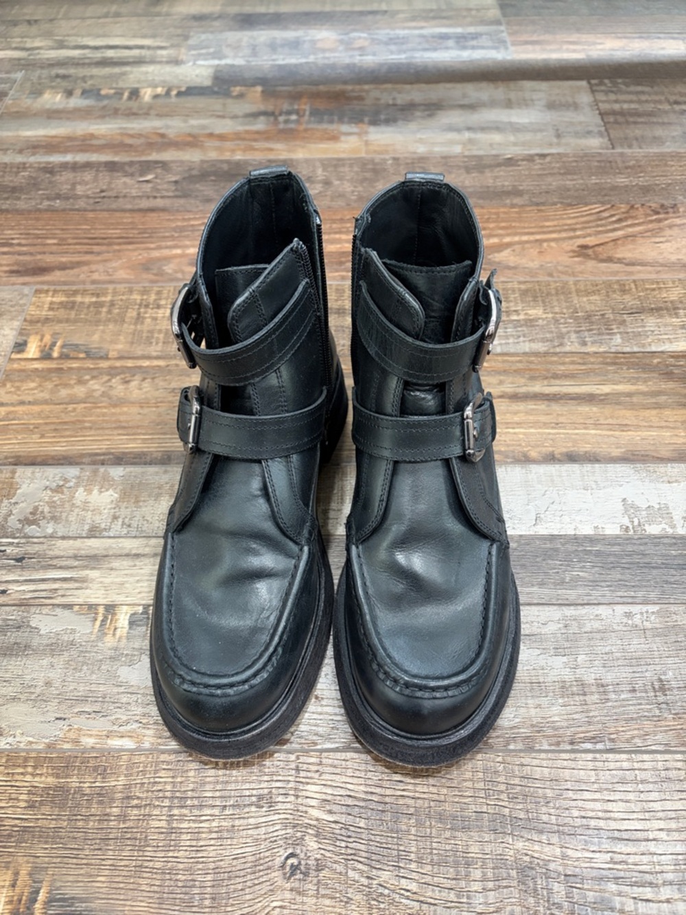 Free People Black Leather Combat Buckle Boots